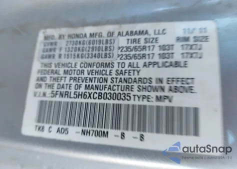 2012 Honda Odyssey Ex-L z USA, uszkodzony, nr VIN 5FNRL5H6XCB030035